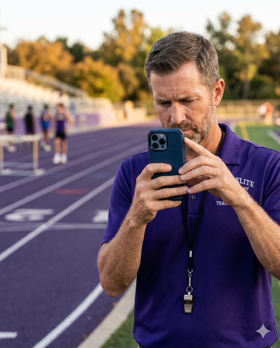 Track and field coach reviewing athlete footage on an iPhone at the trackside