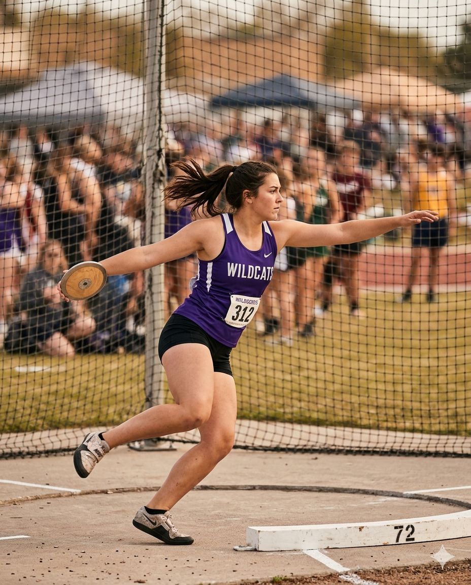 High school female discus thrower mid-rotation in the circle
