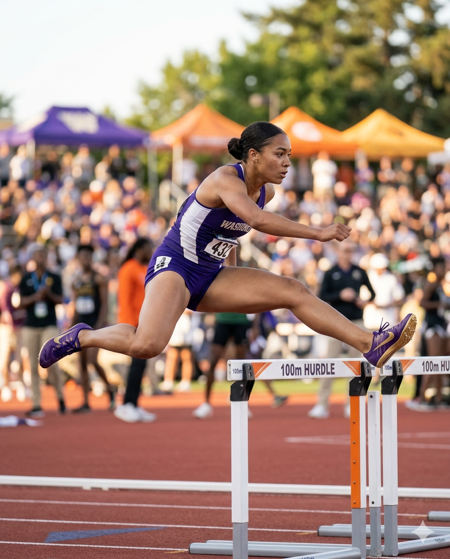College hurdler mid-race, clearing a barrier at competition pace