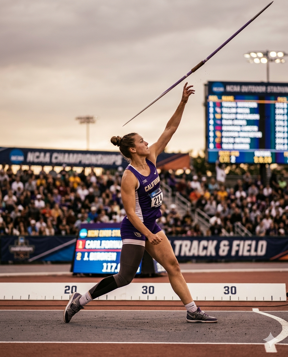 College female javelin thrower in the power position during a meet