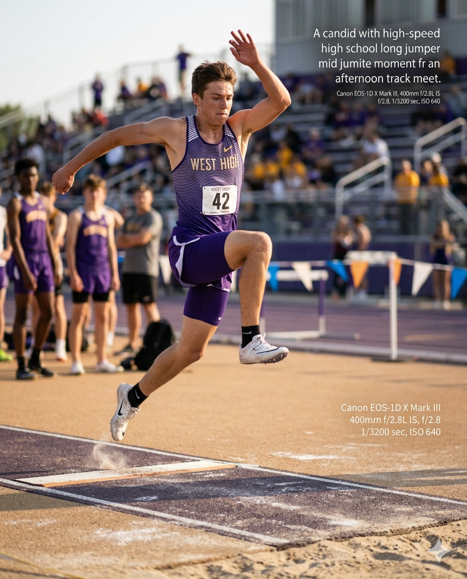 High school male long jumper mid-flight over the pit