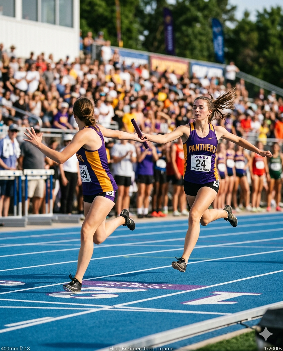 High school girls relay team running at a track meet