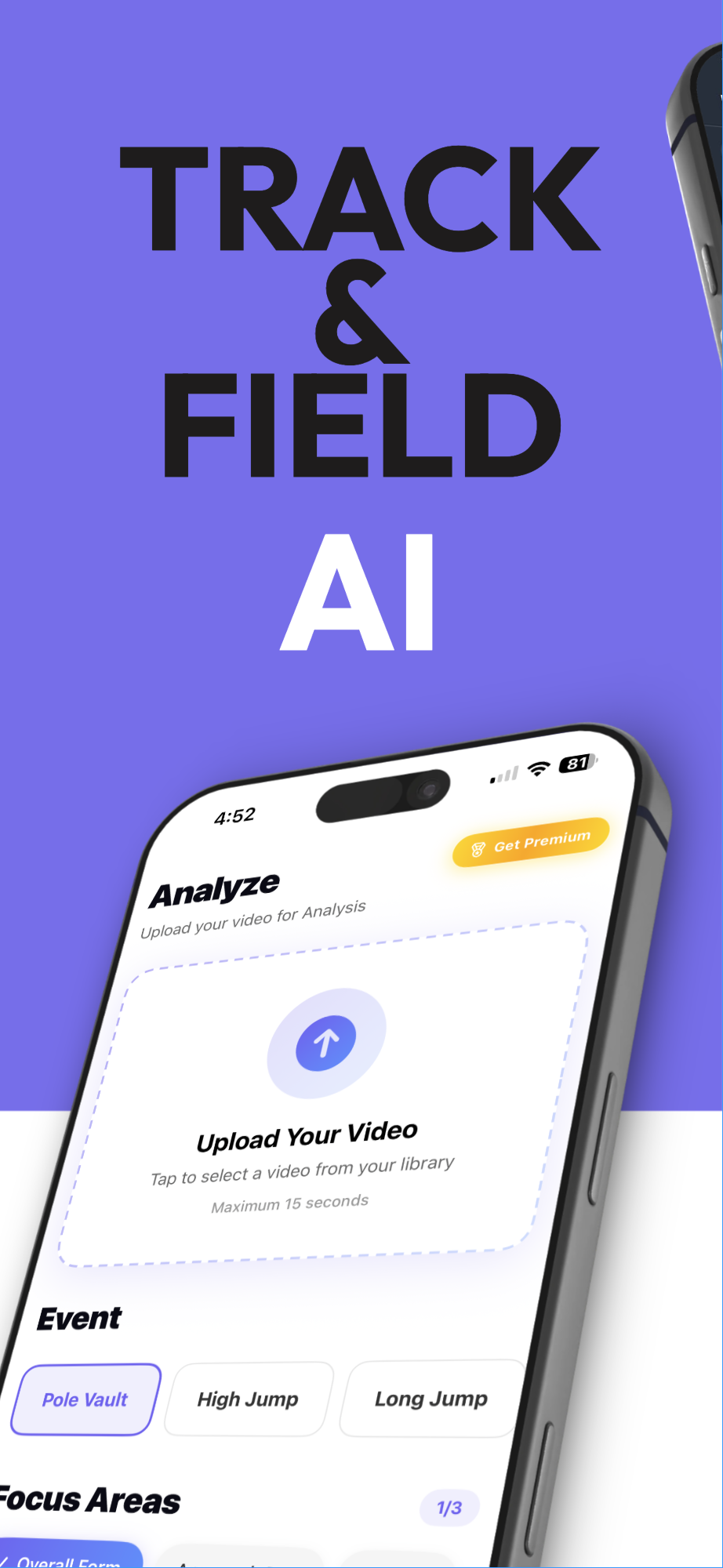 T&Fai app, analyze screen showing pole vault, high jump, long jump event selection