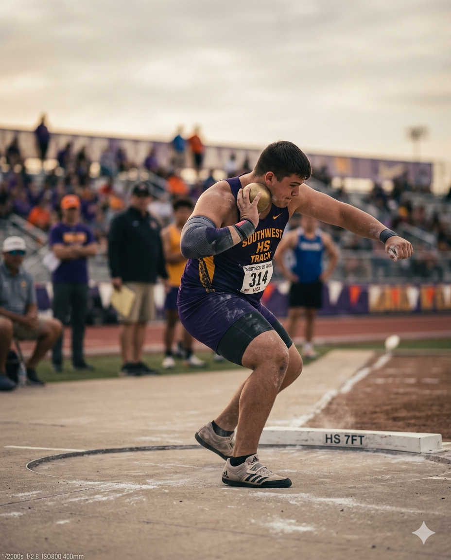 High school shot putter in the power position mid-throw