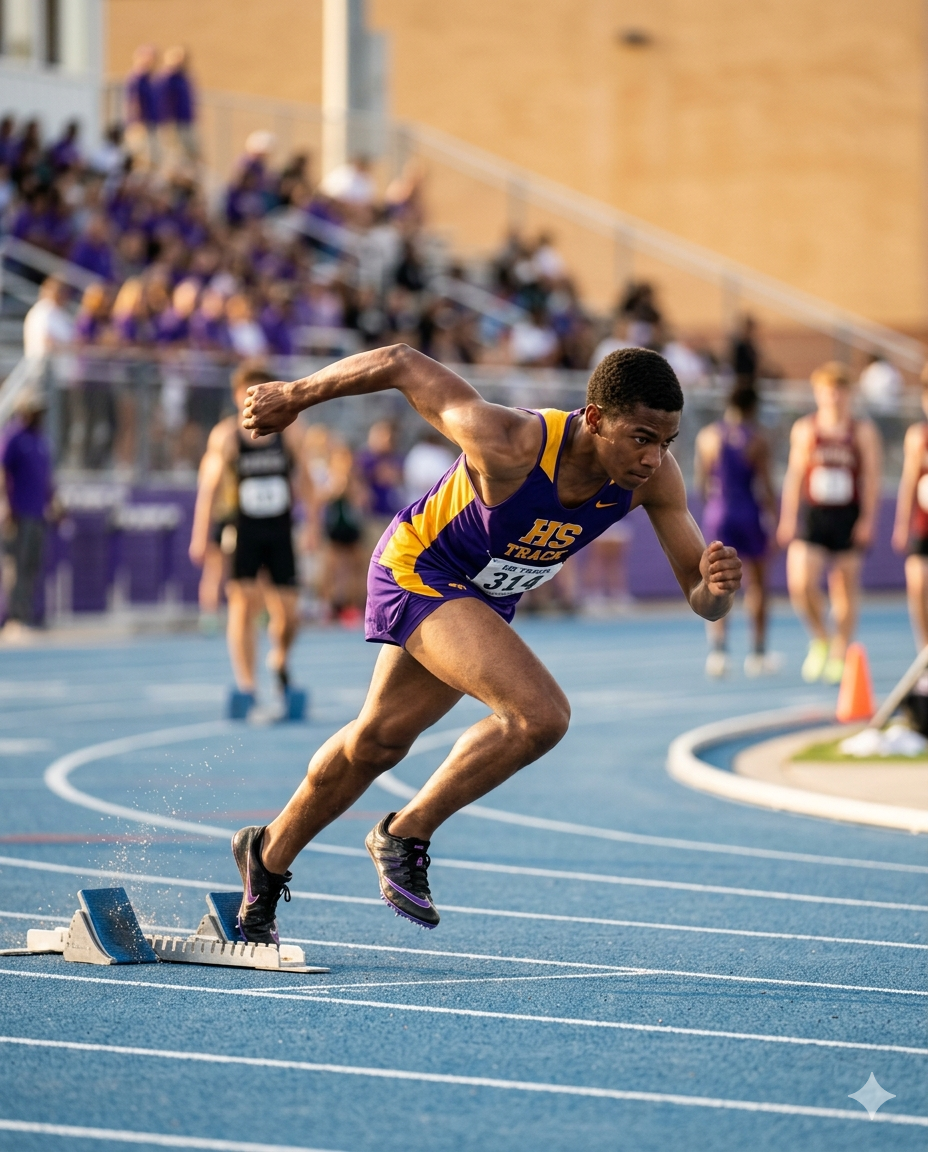High school sprinter setting up in the blocks before a 100m dash