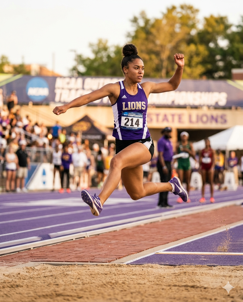 College female triple jumper mid-phase during a meet